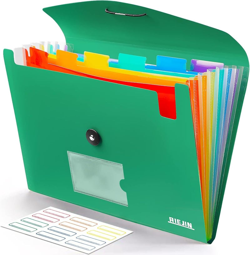 RIEJIN Accordian File Organizer 7 Pocket Expanding File Folder with Labels, Plastic Expandable File Folder for Documents Letter Size A4 Papers - Green - Image 1